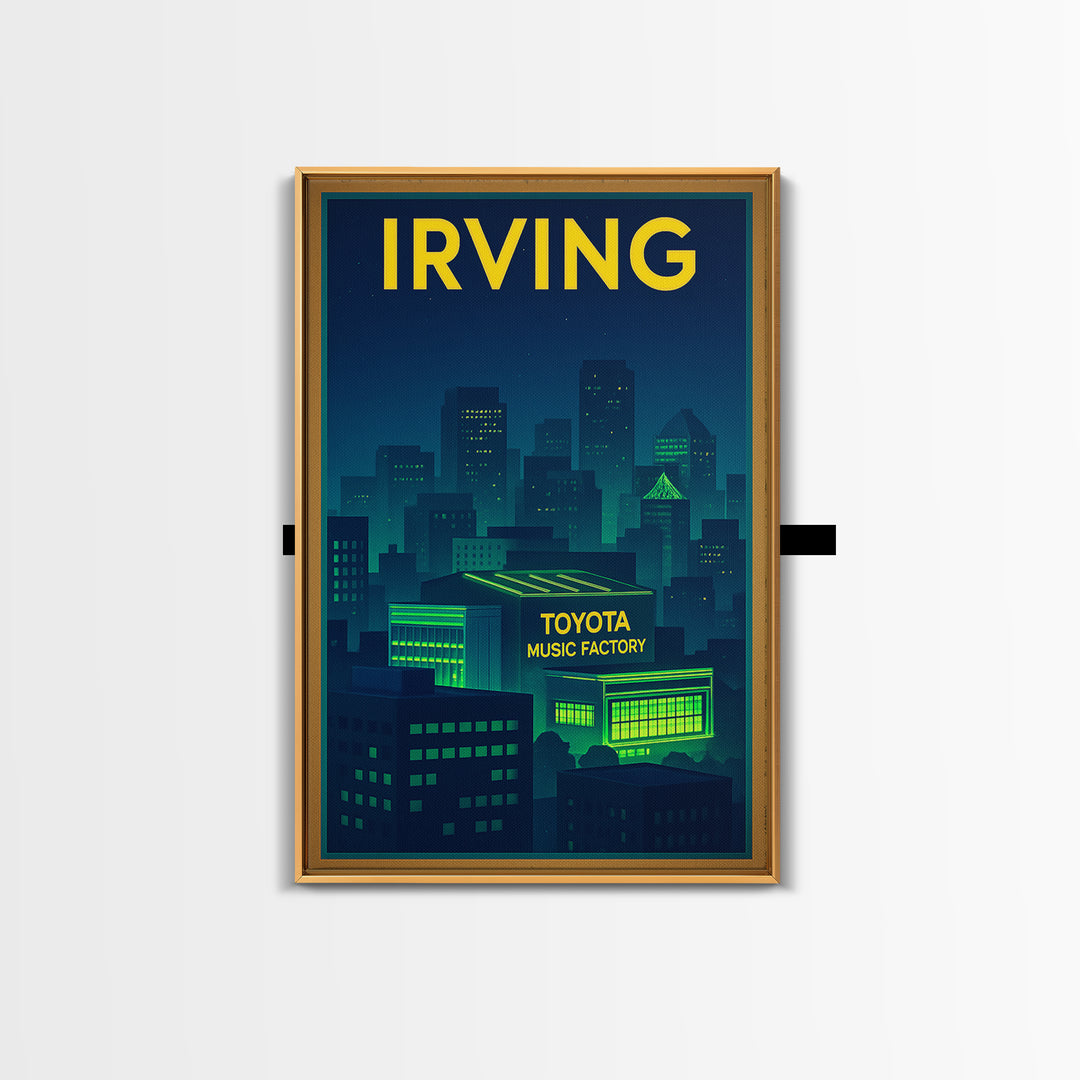 Irving Travel Poster, Framed Canvas Print, Cyberpunk Style City Art, Irving Poster Print, Living Room Wall Art, Vintage City Art