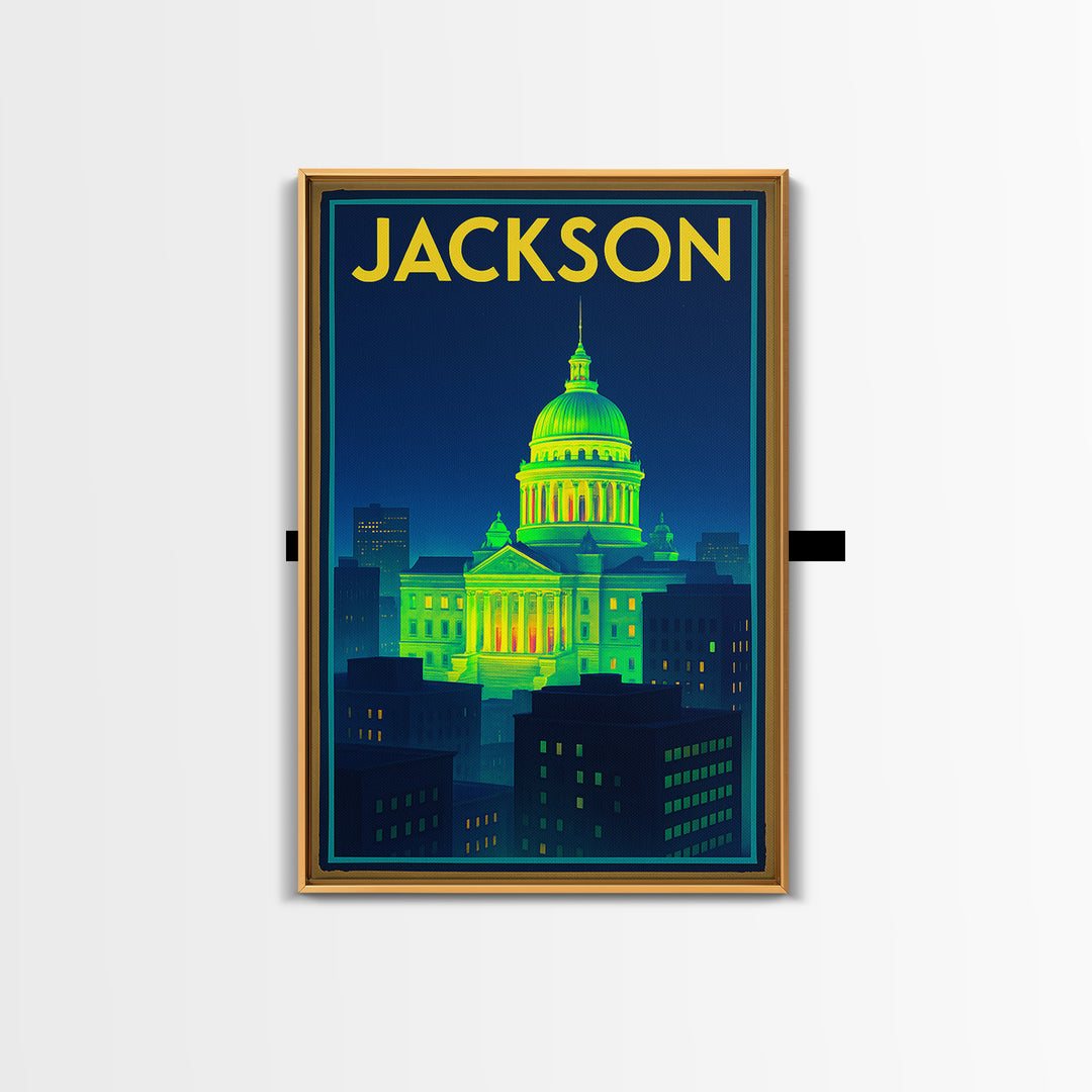 Jackson Travel Poster, Canvas Print, Retro Neon Travel Art, Jackson Wall Art, City Travel Prints, Vintage Travel Print, City Illustration