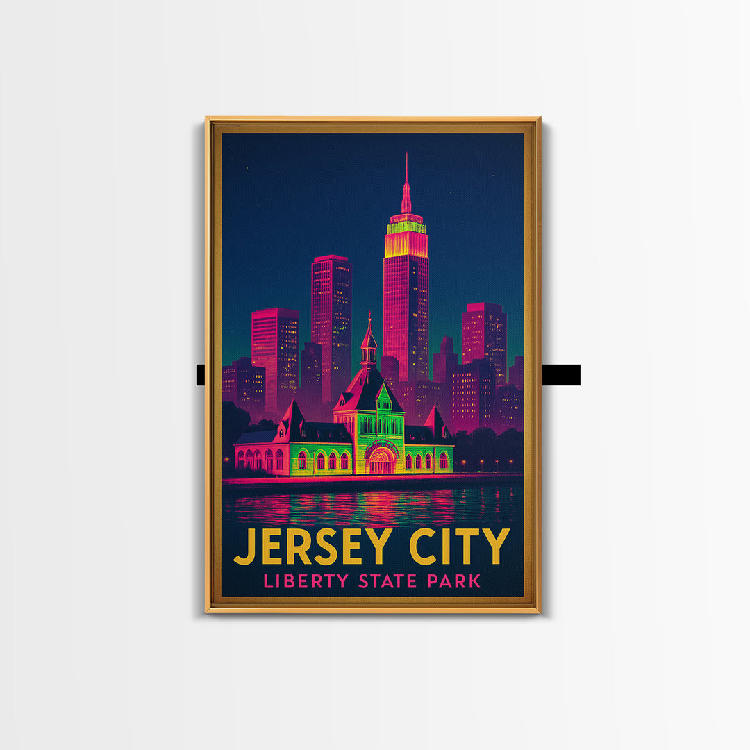 Jersey City New Jersey Travel Poster, Framed Canvas Print, Retro Neon Travel Art, Jersey City City Art, Vintage Travel Art, City Art Print