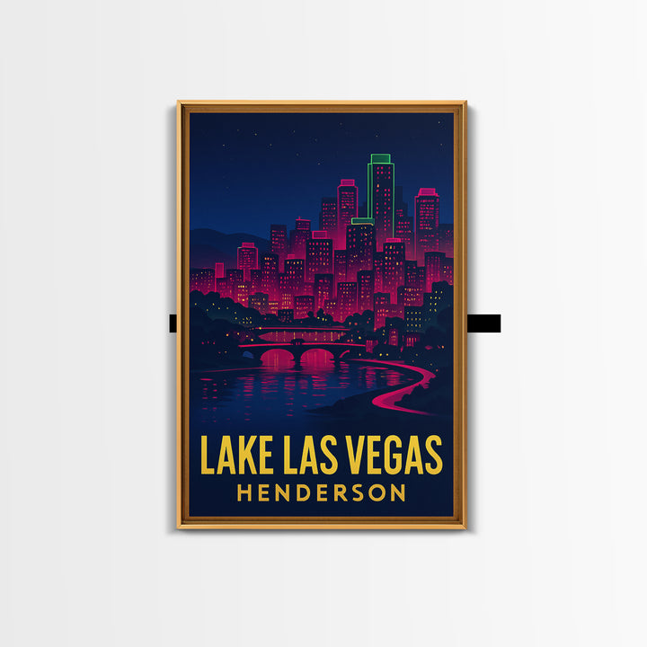 Lake Las Vegas Travel Poster, Framed Canvas Print, Neon Cityscape Wall Art, Lake Las Vegas Poster Print, Fine Art Print, Travel Wall Decor