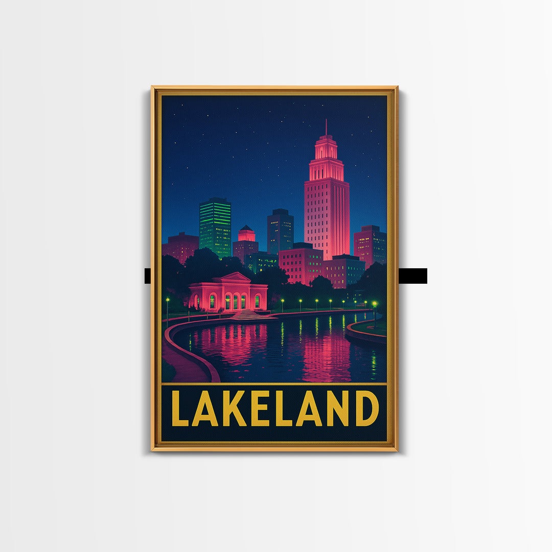 Lakeland Florida Travel Poster, Framed Canvas Print, Cyberpunk Style City Art, Lakeland Wall Art, Home Office Decor, Travel Poster Set