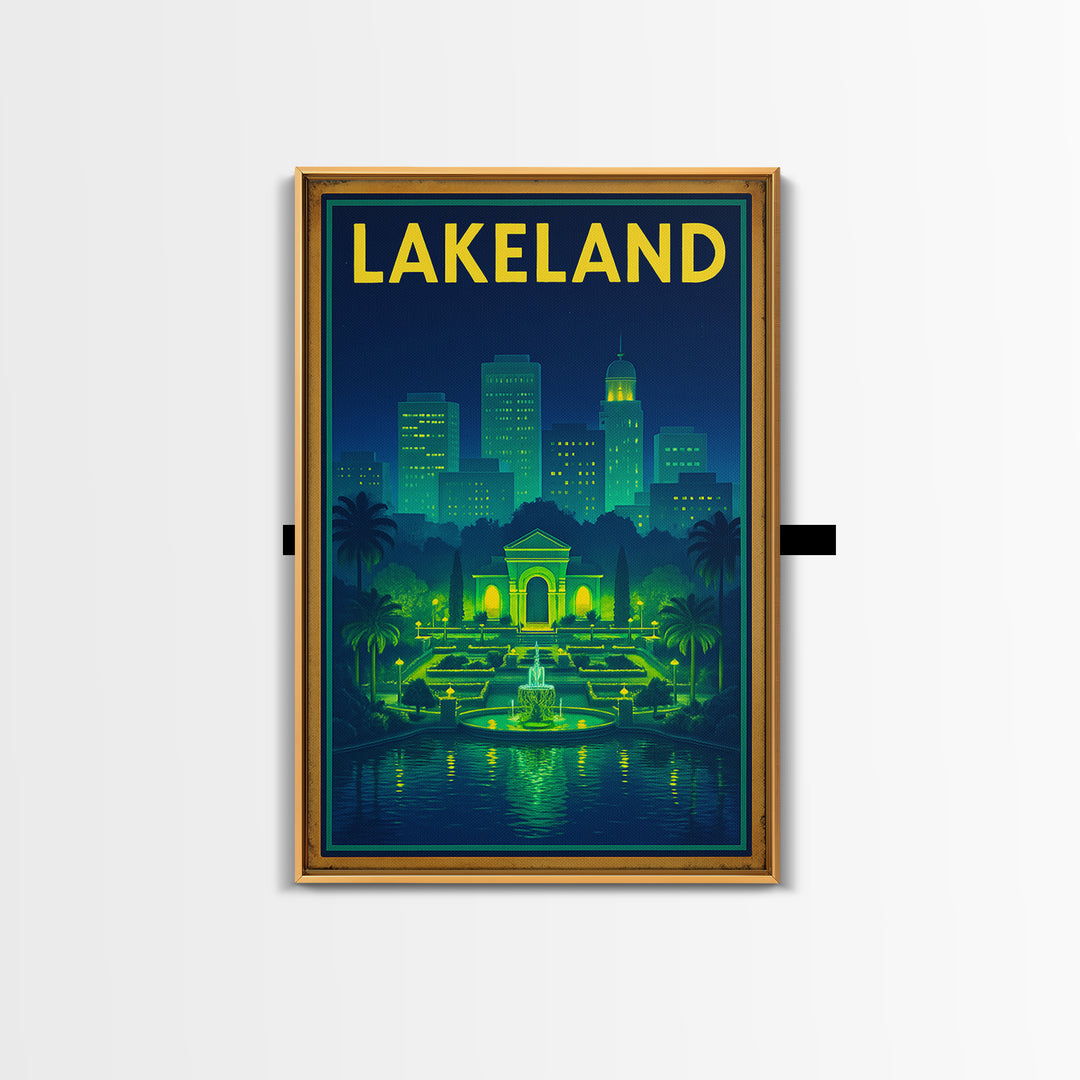 Lakeland Travel Poster, Framed Canvas Print, Electric Night Poster Art, Lakeland Travel Art, City Illustration, Living Room Wall Art