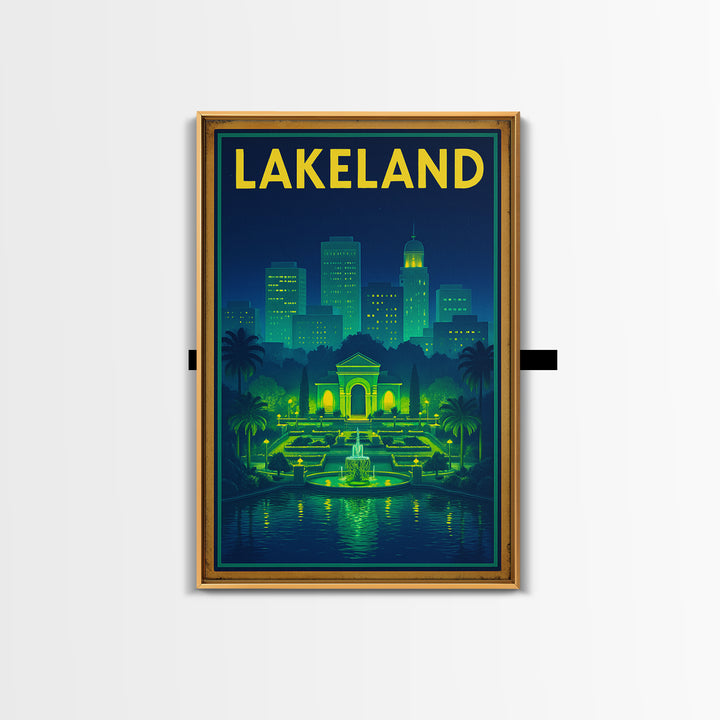 Lakeland Travel Poster, Framed Canvas Print, Electric Night Poster Art, Lakeland Travel Art, City Illustration, Living Room Wall Art