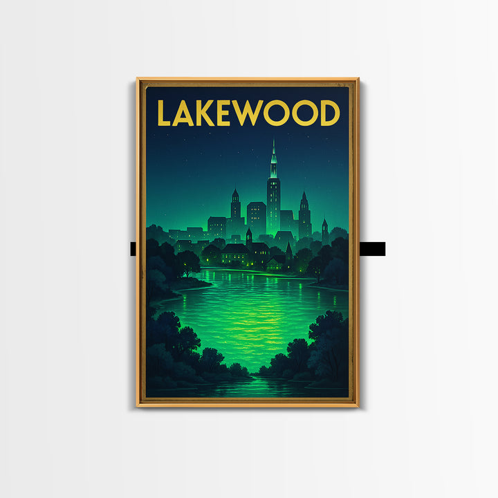 Lakewood Travel Poster, Framed Canvas Print, Neon Cityscape Wall Art, Lakewood Travel Art, City Travel Prints, Vintage Travel Print