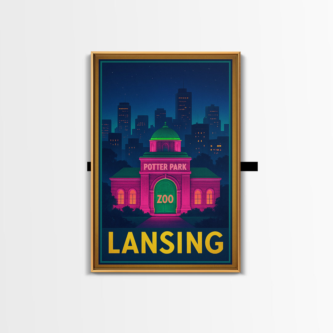 Lansing Michigan Travel Poster, Canvas Print, Neon Skyline Wall Art, Lansing Art Print, Wall Decor, Travel Poster Set, Wanderlust Decor