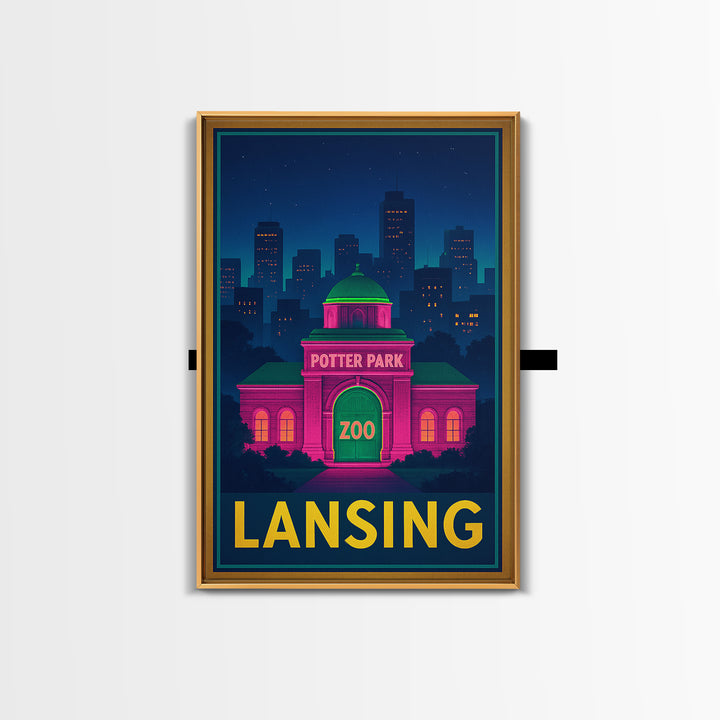 Lansing Michigan Travel Poster, Canvas Print, Neon Skyline Wall Art, Lansing Art Print, Wall Decor, Travel Poster Set, Wanderlust Decor