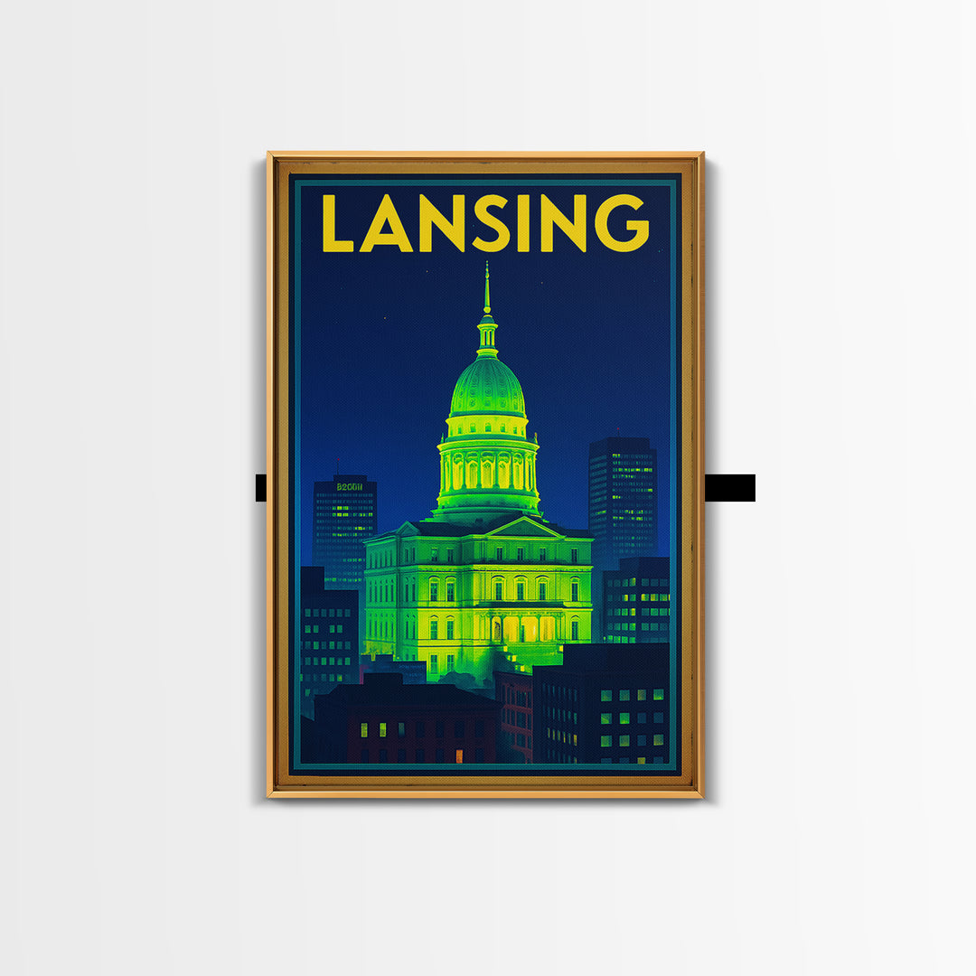 Lansing Travel Poster, Framed Canvas Print, Retro Neon Travel Art, Lansing City Art, City Illustration, Vintage Travel Print, Wall Art
