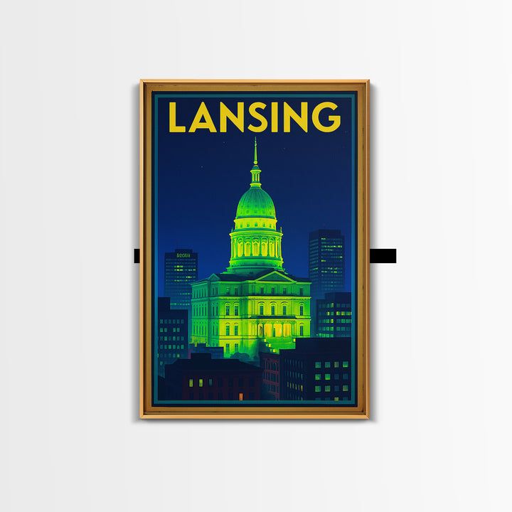 Lansing Travel Poster, Framed Canvas Print, Retro Neon Travel Art, Lansing City Art, City Illustration, Vintage Travel Print, Wall Art