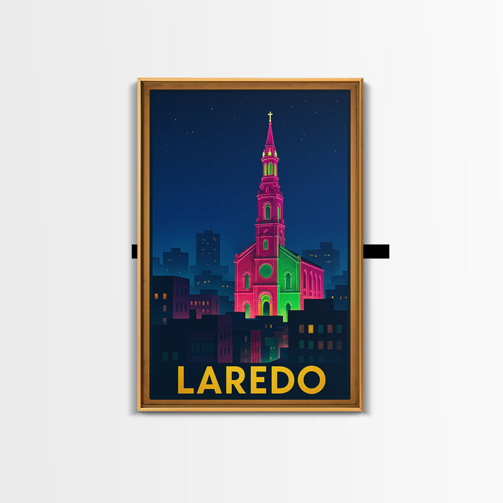 Laredo Texas Travel Poster, Framed Canvas Print, Electric Night Poster Art, Laredo Wall Art, Travel Poster Set, Watercolor Skyline