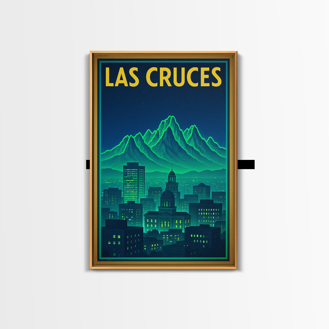 Las Cruces Travel Poster, Framed Canvas Print, Neon City Skyline Wall Art, Las Cruces Travel Art, Home Office Decor, Travel Wall Decor