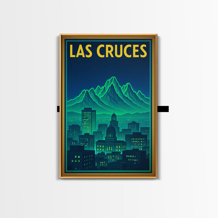 Las Cruces Travel Poster, Framed Canvas Print, Neon City Skyline Wall Art, Las Cruces Travel Art, Home Office Decor, Travel Wall Decor
