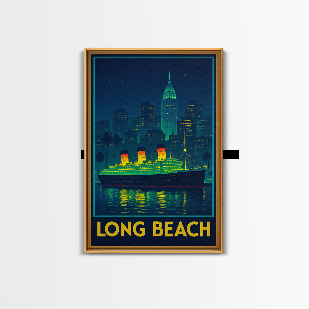 Long Beach California Travel Poster, Canvas Print, Retro Neon Travel Art, Long Beach City Art, Wall Art, City Art Print, Travel Wall Art