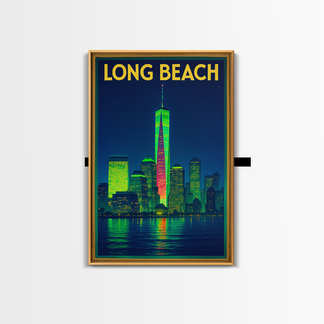 Long Beach Travel Poster, Framed Canvas Print, Retro Neon Travel Art, Long Beach Travel Art, Retro Travel Print, Eclectic Wall Decor