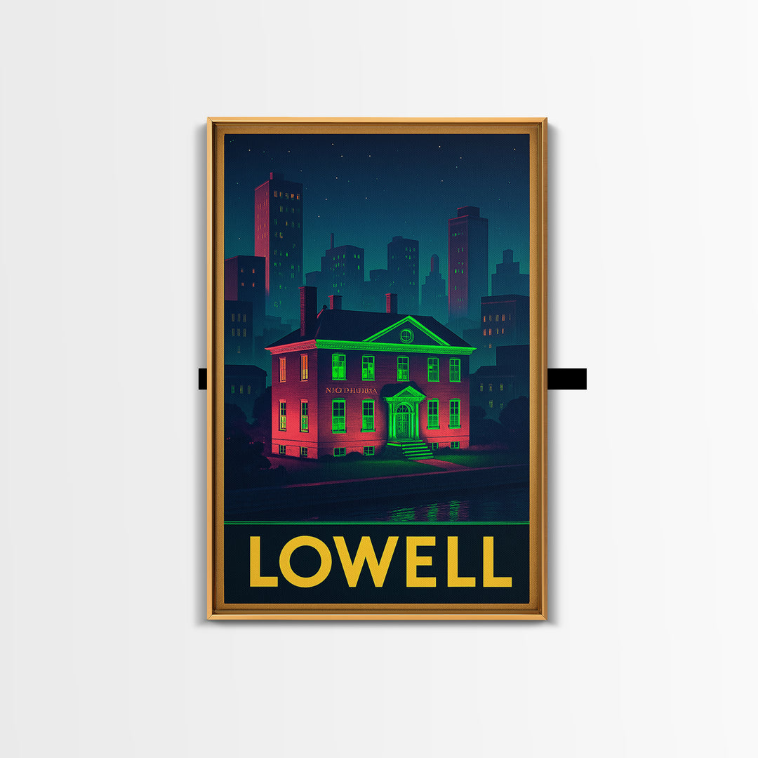 Lowell Massachusetts Travel Poster, Canvas Print, Retro Neon Travel Art, Lowell Travel Art, Wanderlust Decor, Wall Art, Retro Travel Print