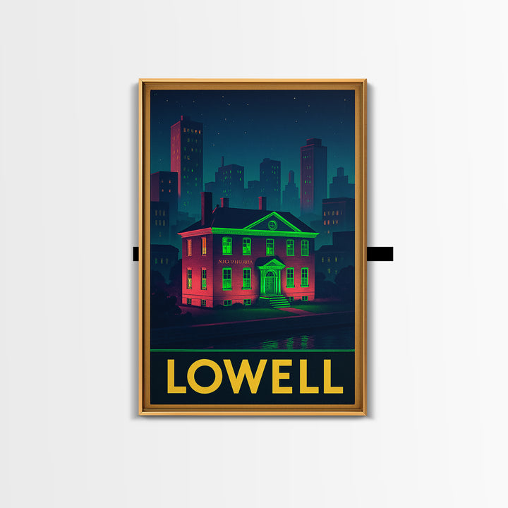 Lowell Massachusetts Travel Poster, Canvas Print, Retro Neon Travel Art, Lowell Travel Art, Wanderlust Decor, Wall Art, Retro Travel Print