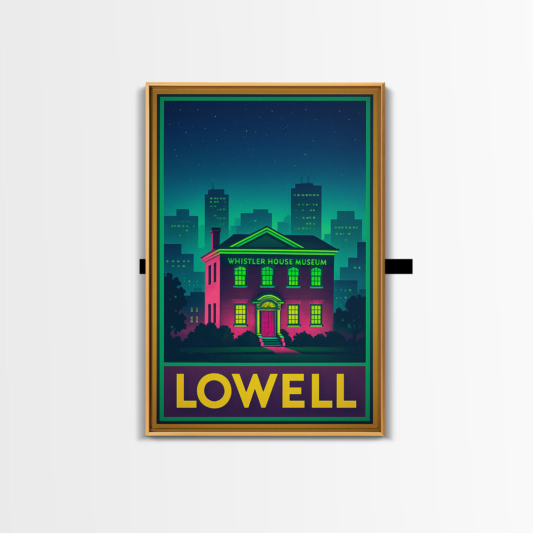 Lowell Travel Poster, Canvas Print, Retro Neon Travel Art, Lowell Travel Art, Travel Wall Decor, Travel Wall Art, Retro Travel Print
