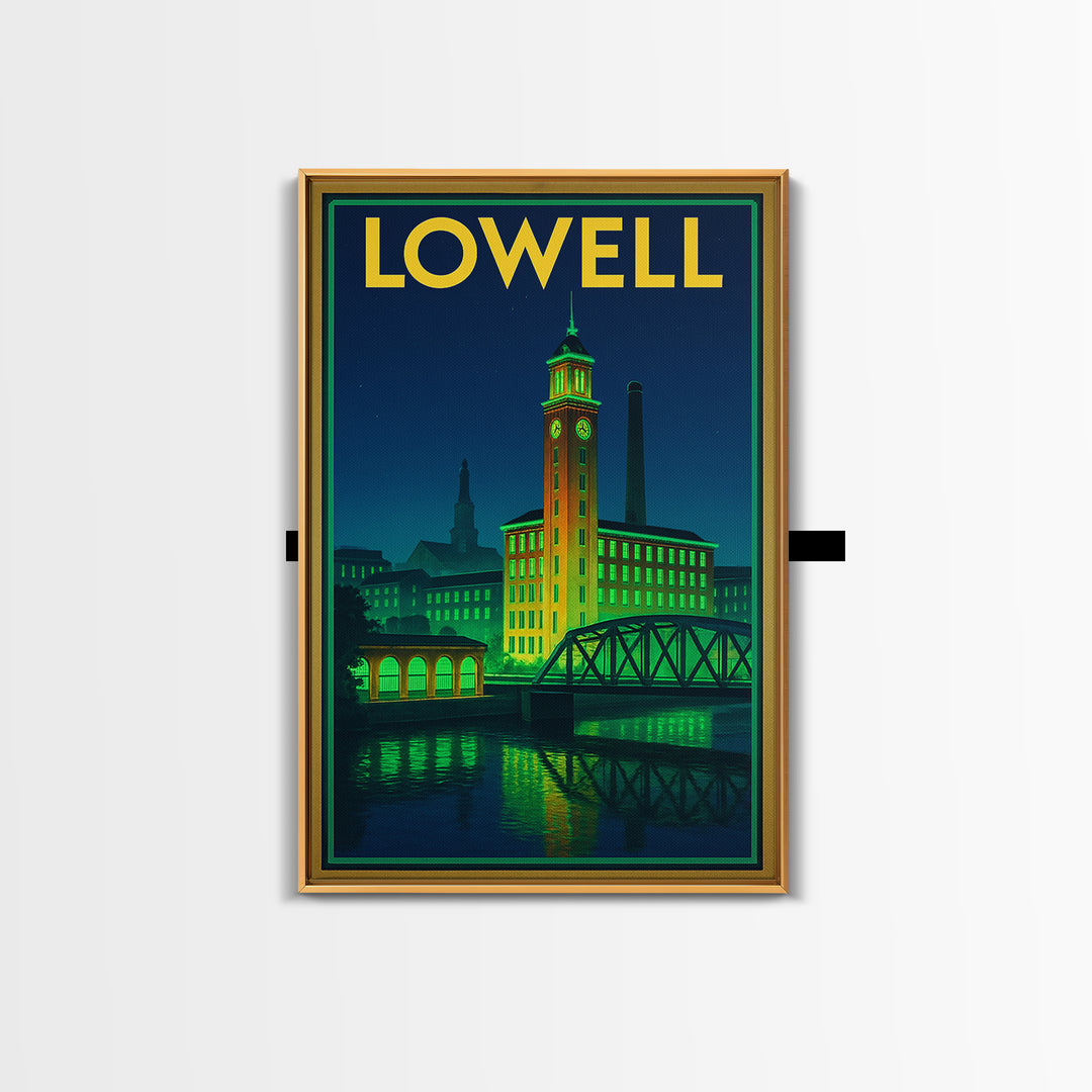 Lowell Travel Poster, Canvas Print, Neon Urban Skyline Wall Art, Lowell Wall Art, Watercolor Urban Skyline, Travel Art Print, Wall Decor