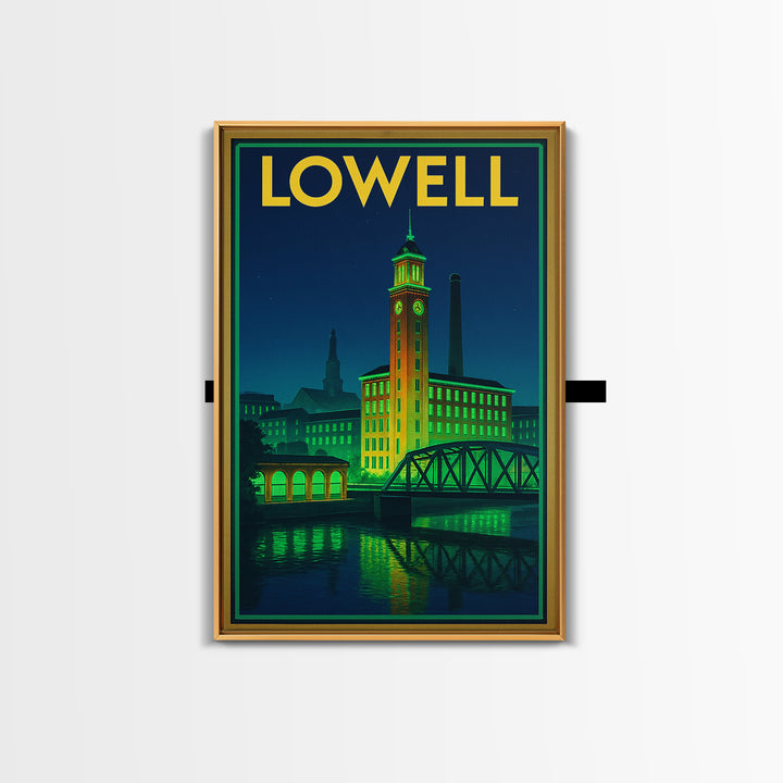 Lowell Travel Poster, Canvas Print, Neon Urban Skyline Wall Art, Lowell Wall Art, Watercolor Urban Skyline, Travel Art Print, Wall Decor