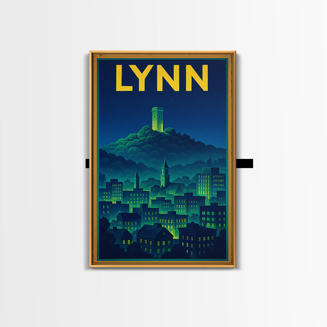 Lynn Travel Poster, Framed Canvas Print, Retro Neon Travel Art, Lynn Art Print, Modern Wall Decor, Travel Wall Art, Gift For Travelers