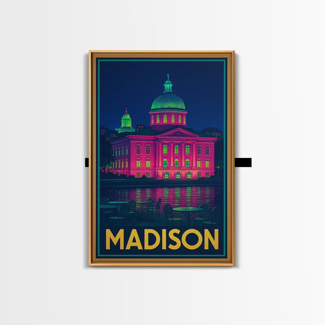 Madison Wisconsin Travel Poster, Canvas Print, Cyberpunk Style City Art, Madison City Art, City Illustration, Wall Art, Modern Wall Decor