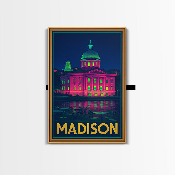 Madison Wisconsin Travel Poster, Canvas Print, Cyberpunk Style City Art, Madison City Art, City Illustration, Wall Art, Modern Wall Decor