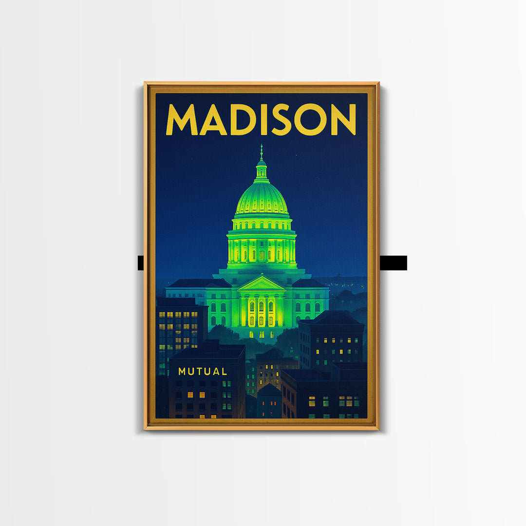 Madison Travel Poster, Framed Canvas Print, Electric Night Poster Art, Madison City Art, Travel Wall Art, Travel Wall Decor, Travel Print