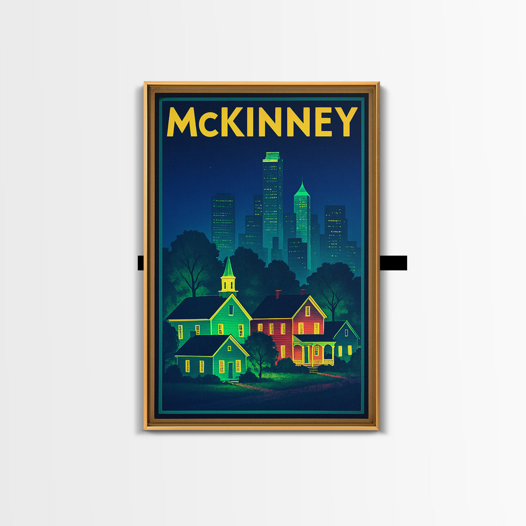 Mckinney Travel Poster, Framed Canvas Print, Retro Neon Travel Art, Mckinney Poster Print, Gift For Travelers, Fine Art Print, Design 2