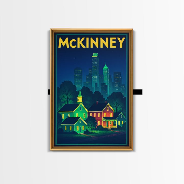 Mckinney Travel Poster, Framed Canvas Print, Retro Neon Travel Art, Mckinney Poster Print, Gift For Travelers, Fine Art Print, Design 2