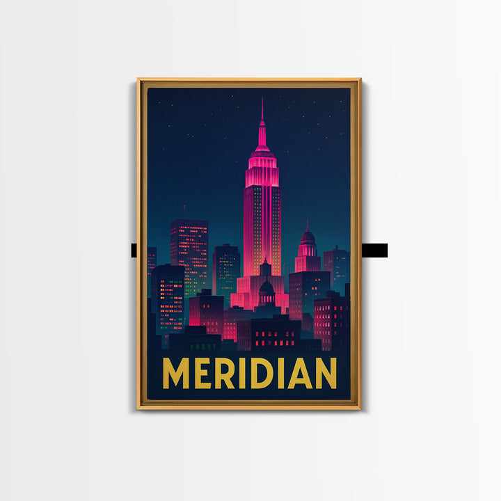 Meridian Idaho Travel Poster, Framed Canvas Print, Electric Night Poster Art, Meridian Wall Art, Travel Poster Art, Mid Century Wall Art