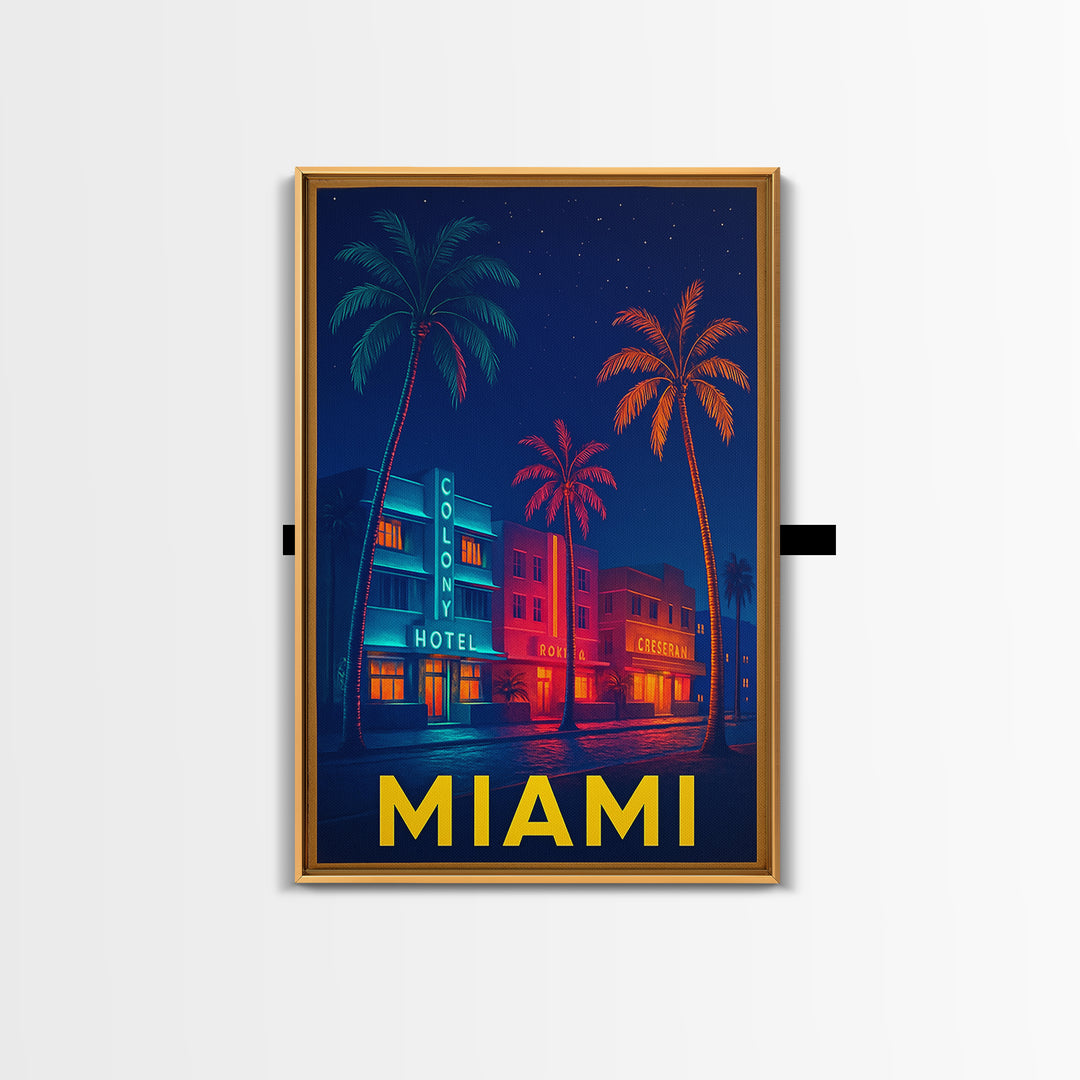 Miami Florida Travel Poster, Canvas Print, Cyberpunk Style City Art, Miami Art Print, Wanderlust Decor, City Illustration, Travel Wall Art