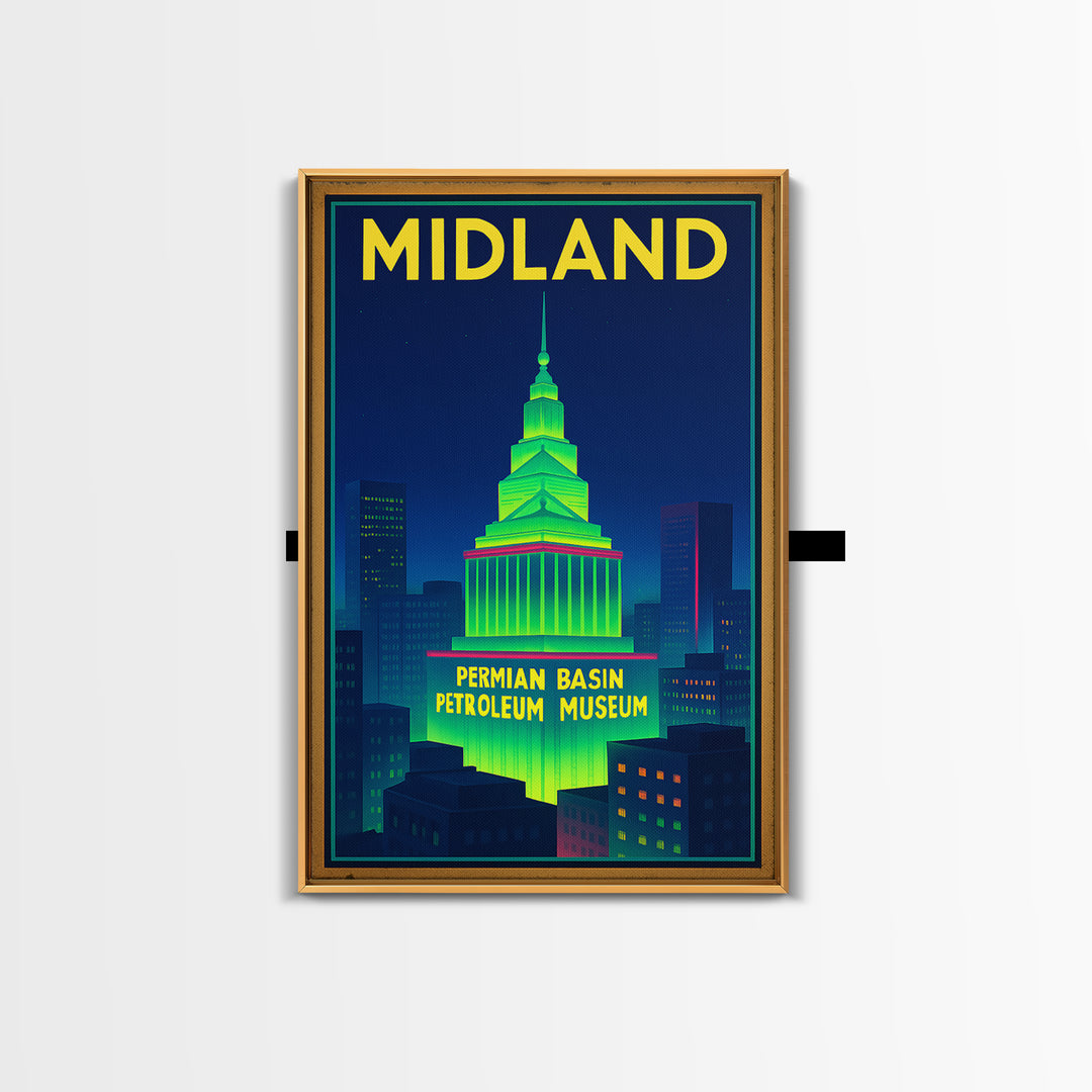 Midland Travel Poster, Framed Canvas Print, Retro Neon Travel Art, Midland Art Print, Eclectic Wall Decor, City Art Print, Fine Art Print