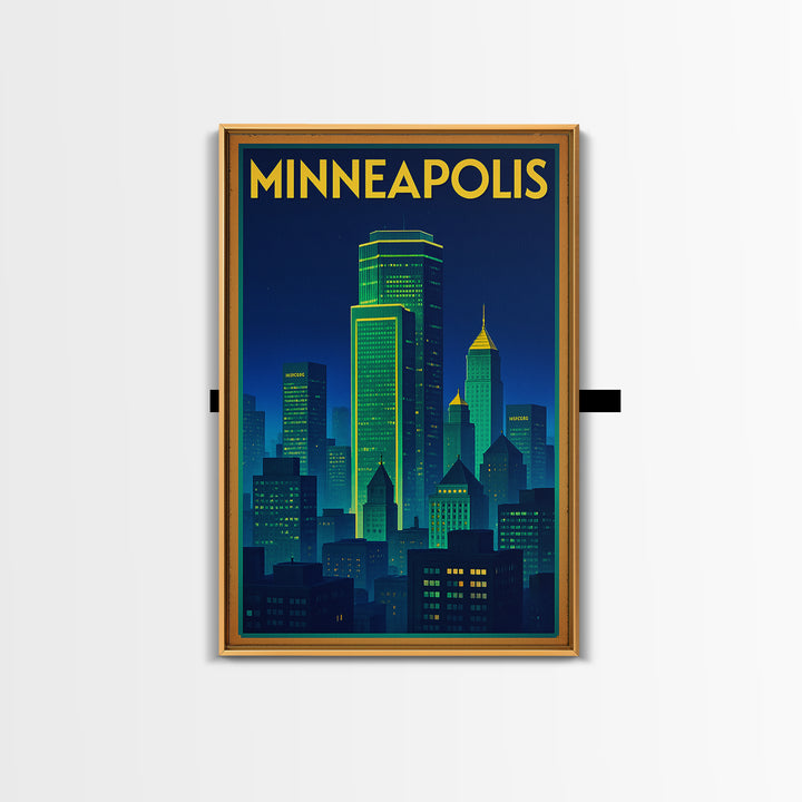Minneapolis Travel Poster, Framed Canvas Print, Neon Skyline Wall Art, Minneapolis Travel Art, Travel Poster Art, Travel Wall Art