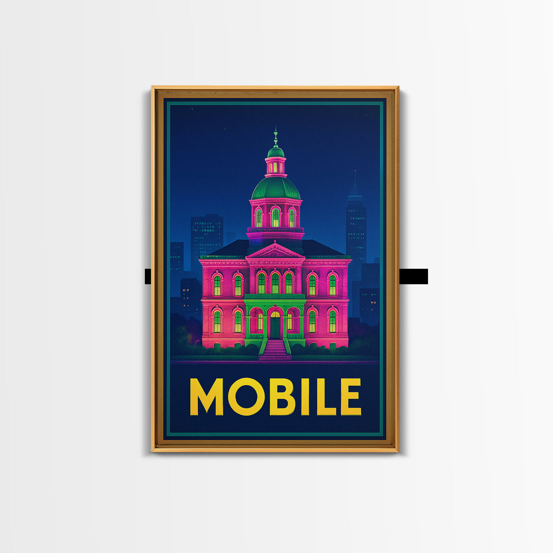 Mobile Alabama Travel Poster, Canvas Print, Retro Neon Travel Art, Mobile Wall Art, Watercolor Skyline, City Illustration, Travel Wall Decor