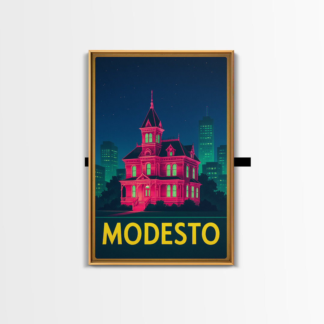 Modesto California Travel Poster, Framed Canvas Print, Cyberpunk Style City Art, Modesto Travel Art, Travel Wall Decor, Wanderlust Decor