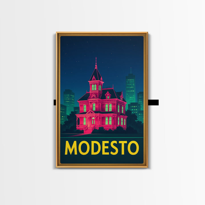 Modesto California Travel Poster, Framed Canvas Print, Cyberpunk Style City Art, Modesto Travel Art, Travel Wall Decor, Wanderlust Decor