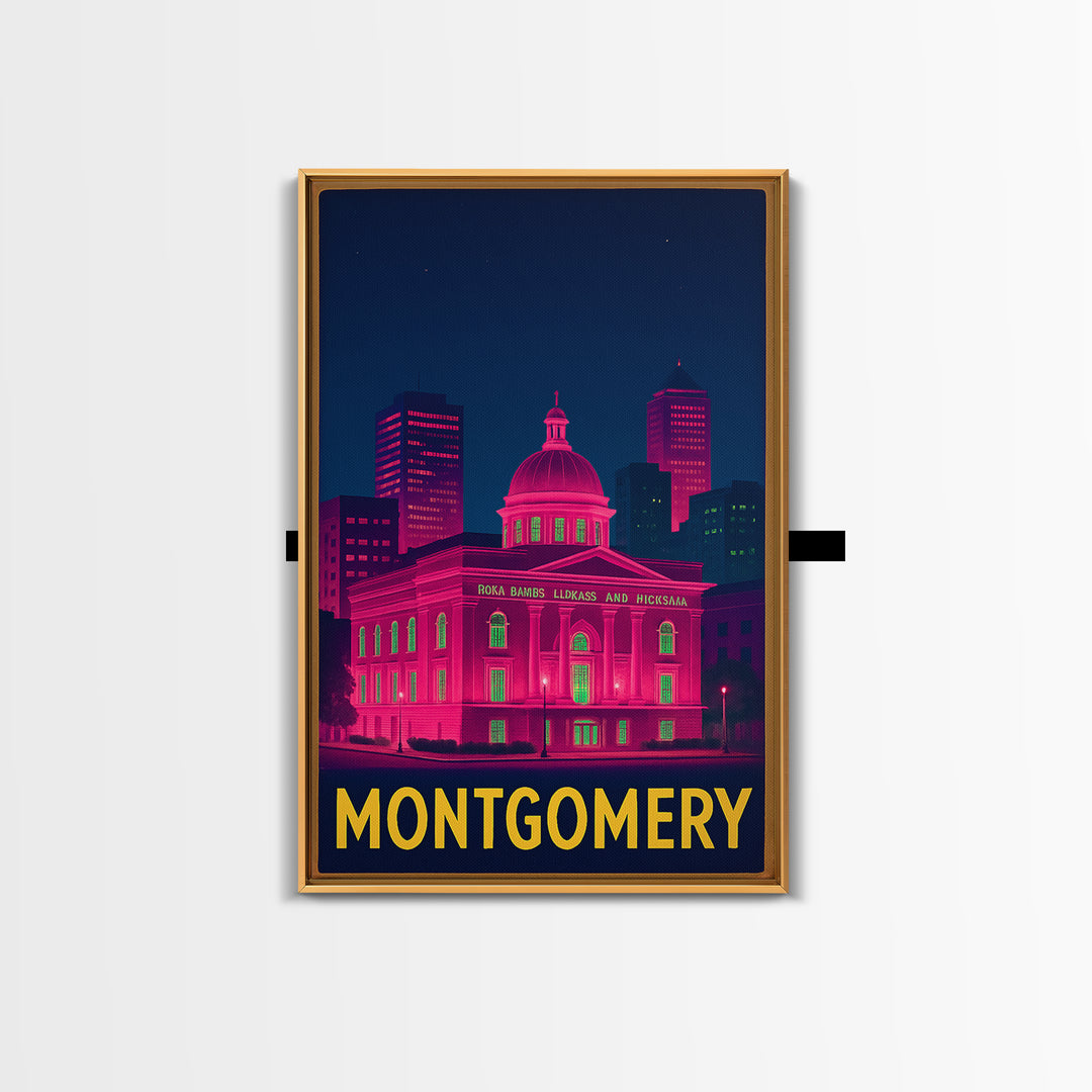 Montgomery Alabama Travel Poster, Canvas Print, Neon Urban Skyline Wall Art, Montgomery Wall Art, Gift For Travelers, Vintage City Art