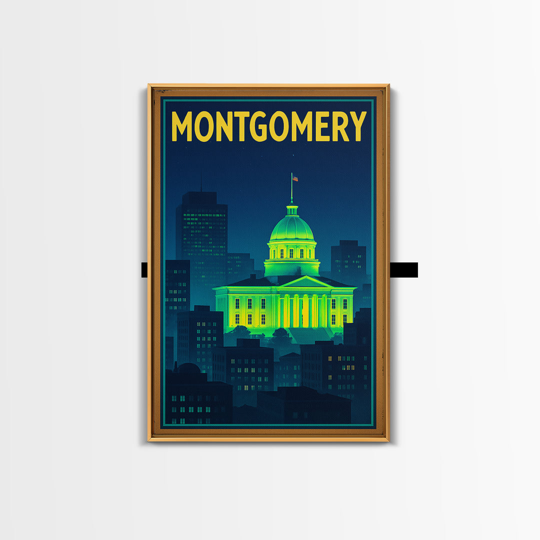 Montgomery Travel Poster, Canvas Print, Neon Downtown Skyline Wall Art, Montgomery City Art, City Illustration, City Travel Prints, Wall Art