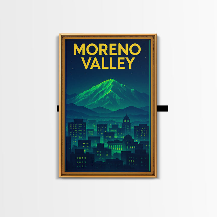 Moreno Valley Travel Poster, Canvas Print, Neon Downtown Skyline Wall Art, Moreno Valley City Art, Vintage Travel Print, Fine Art Print