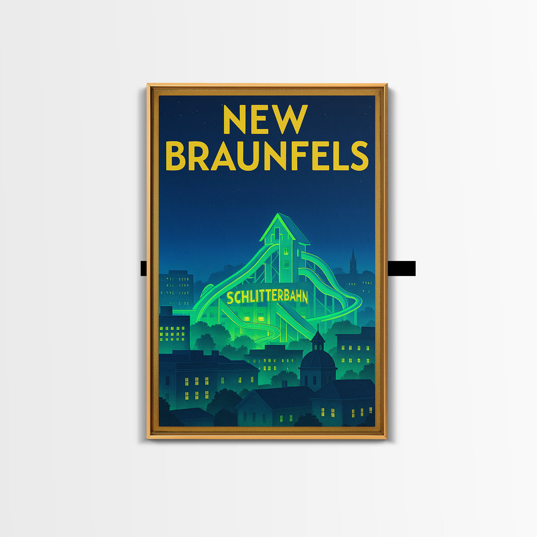 New Braunfels Travel Poster, Canvas Print, Electric Night Poster Art, New Braunfels City Art, Travel Art Print, Watercolor Urban Skyline