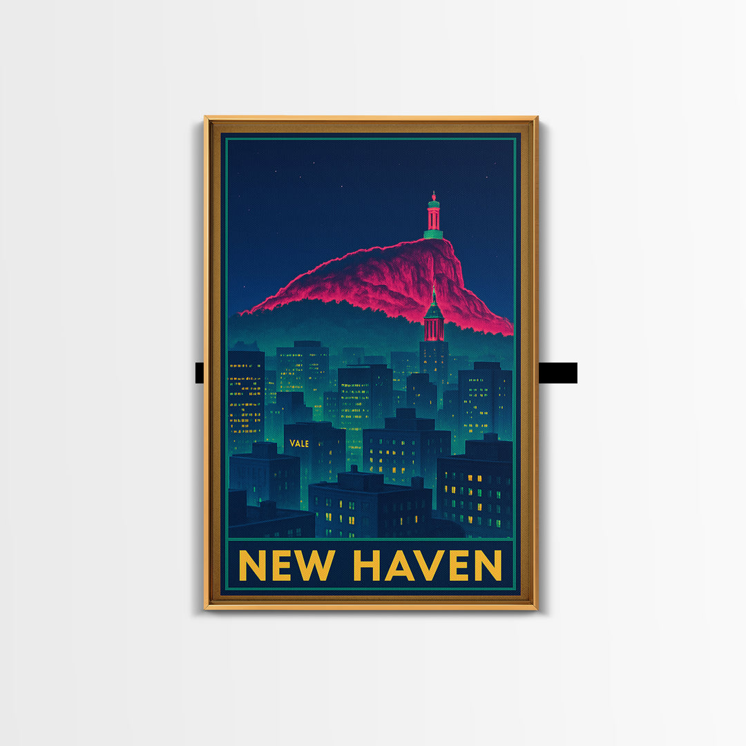New Haven Connecticut Travel Poster, Framed Canvas Print, Cyberpunk Style City Art, New Haven Wall Art, Vintage Travel Print, Fine Art Print