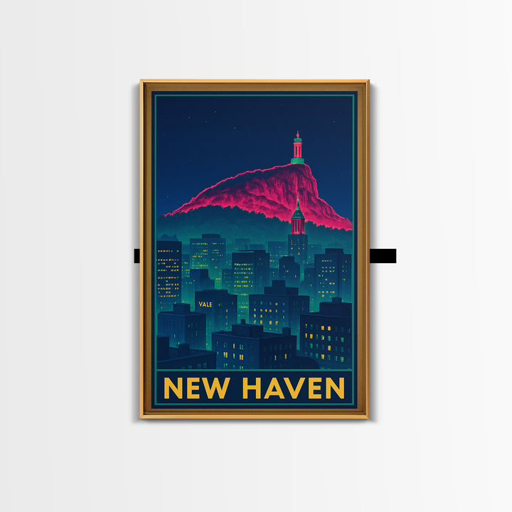 New Haven Connecticut Travel Poster, Framed Canvas Print, Cyberpunk Style City Art, New Haven Wall Art, Vintage Travel Print, Fine Art Print