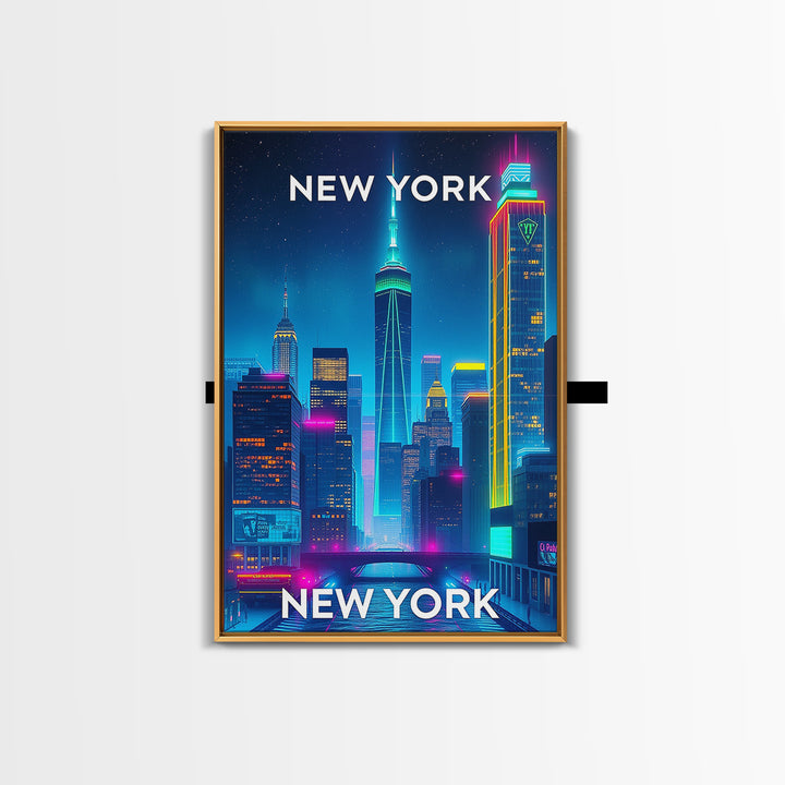 New York City New York Travel Poster, Canvas Print, Neon Skyline Wall Art, New York City Art, City Illustration, Travel Prints, Office Decor