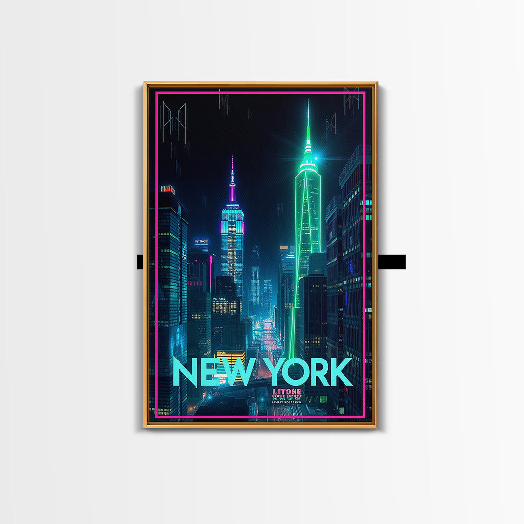 New York Travel Poster, Framed Canvas Print, Electric Night Poster Art, New York Wall Art, Travel Poster Art, Fine Art Print, Design 14