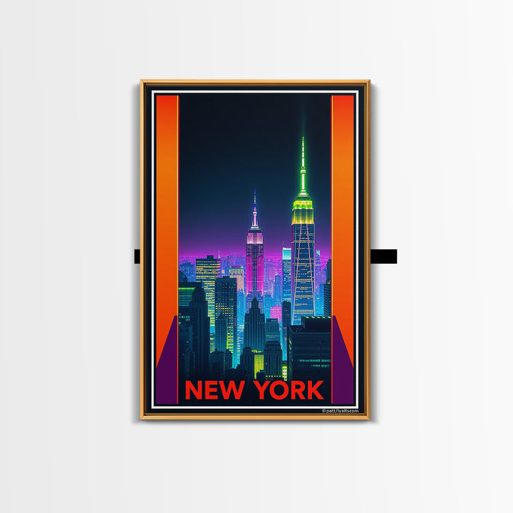 New York Travel Poster, Framed Canvas Print, Neon Skyline Art Wall Art, New York Travel Art, Vintage City Poster, Vintage City Art