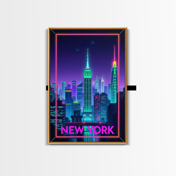 New York Travel Poster, Framed Canvas Print, Electric Night Poster Art, New York Art Print, Living Room Wall Art, Travel Poster Art