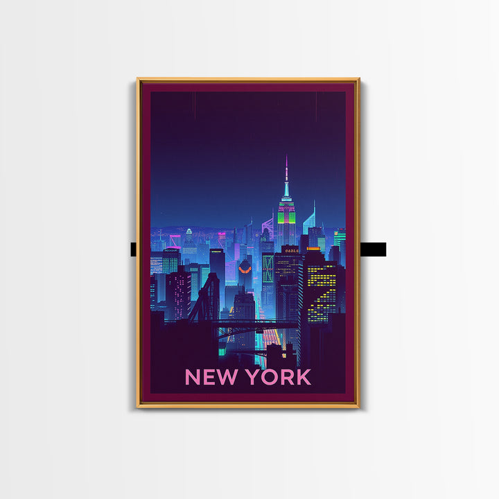 New York Travel Poster, Framed Canvas Print, Retro Neon Travel Art, New York City Art, City Illustration, Travel Poster Art, City Poster