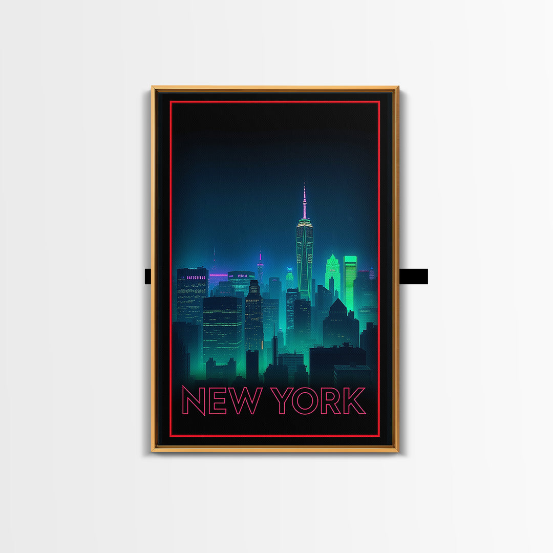 New York Travel Poster, Framed Canvas Print, Cyberpunk Style City Art, New York Poster Print, Fine Art Print, Vintage City Poster