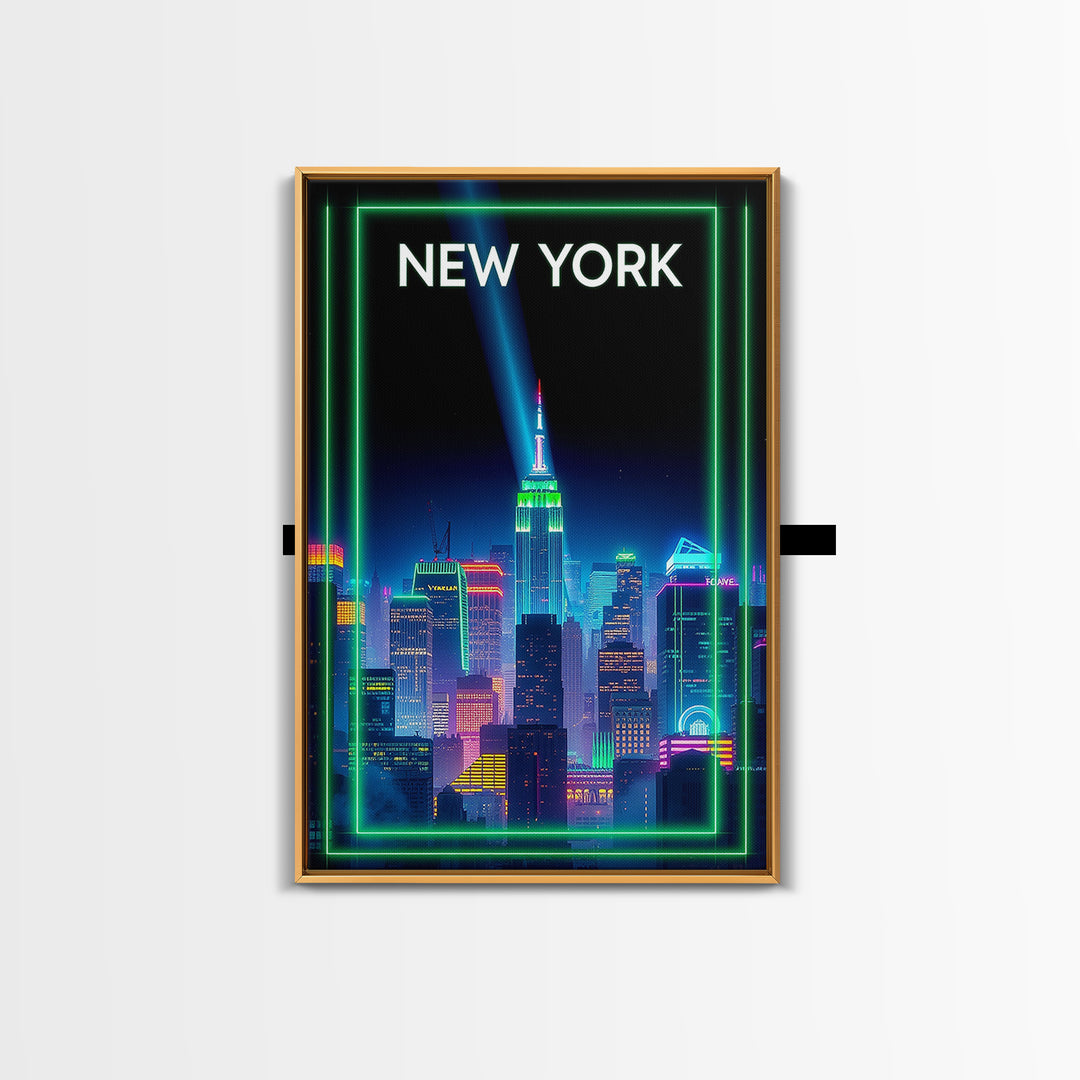 New York Travel Poster, Framed Canvas Print, Retro Neon Travel Art, New York Wall Art, Vintage City Art, Vintage Travel Print, Design 3
