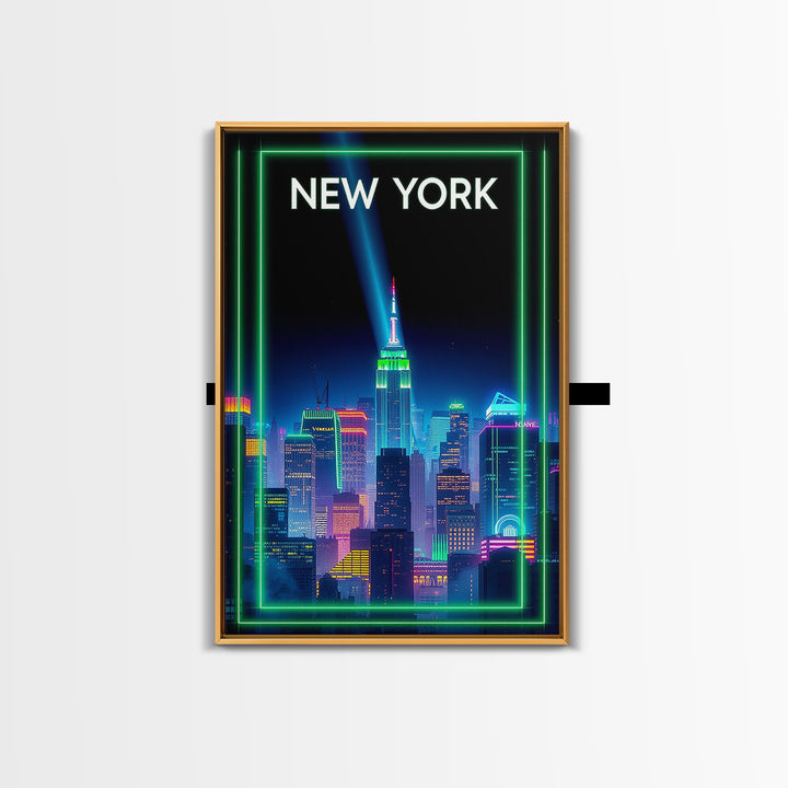 New York Travel Poster, Framed Canvas Print, Retro Neon Travel Art, New York Wall Art, Vintage City Art, Vintage Travel Print, Design 3