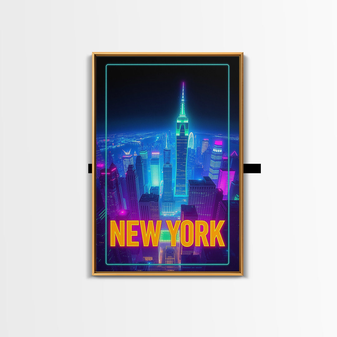 New York Travel Poster, Canvas Print, Neon Cityscape Wall Art, New York Wall Art, City Illustration, Mid Century Wall Art, City Art Print